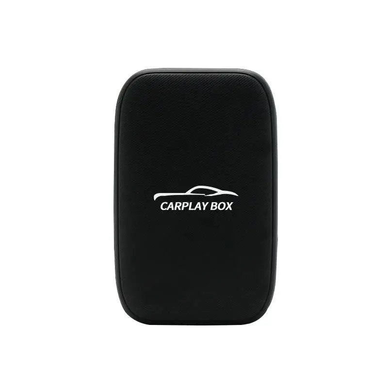 Black rectangular wireless carplay box with textured surface and white logo for original car integration