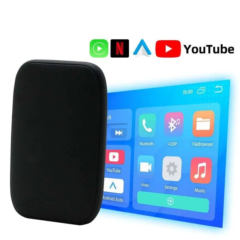 Black rectangular wireless carplay adapter with textured surface for seamless original car integration in vehicle systems