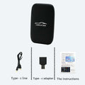 Wireless CarPlay and Android Auto closed system box with a black soft-touch rectangular wireless CarPlay design and white logo