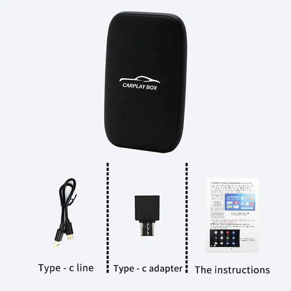 Wireless CarPlay and Android Auto closed system box with a black soft-touch rectangular wireless CarPlay design and white logo