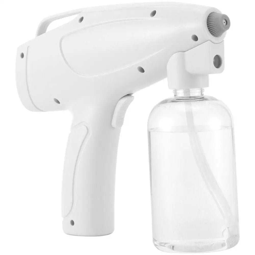 White plastic wireless electric sprayer disinfection gun with clear liquid reservoir attached for efficient sanitation