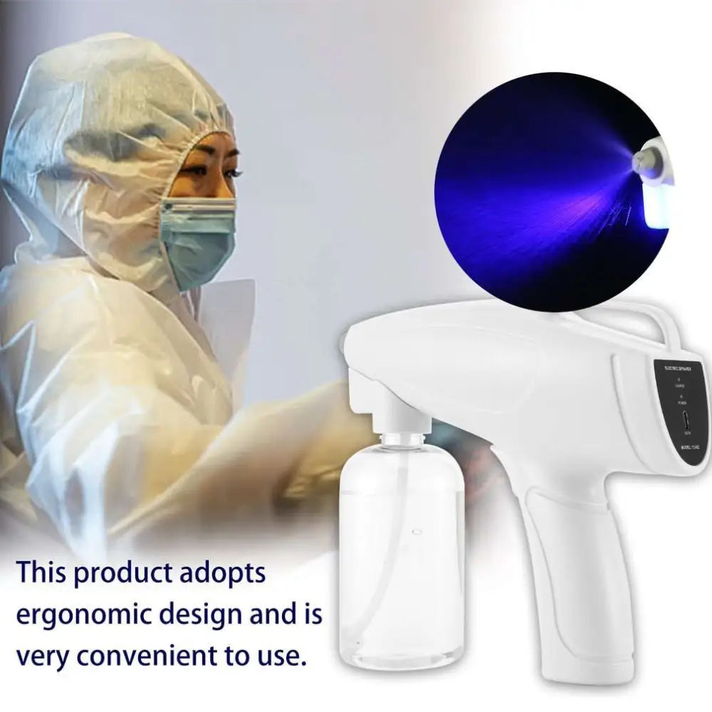 White handheld wireless electric sprayer disinfection gun with clear liquid reservoir and control panel for uv-c sanitizing