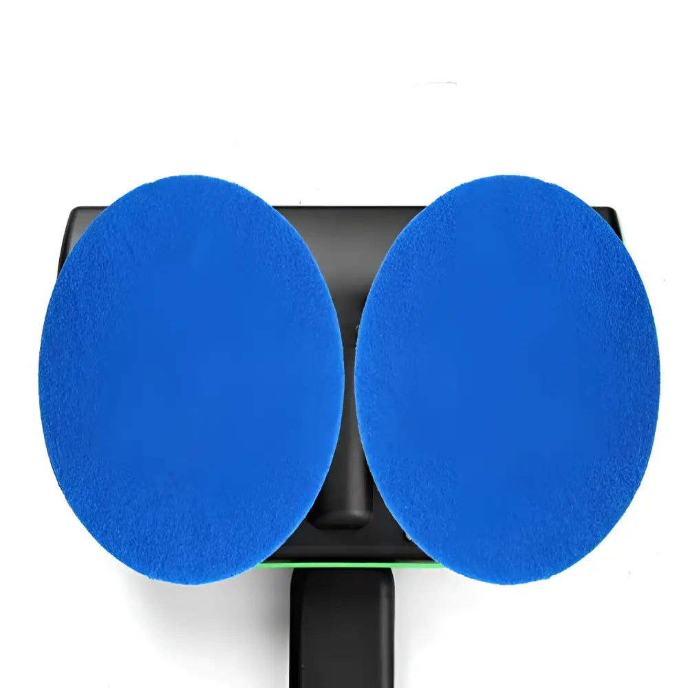 Blue oval microfiber cleaning pads attached to a black handle of a wireless intelligent electric mop for portable floor cleaning