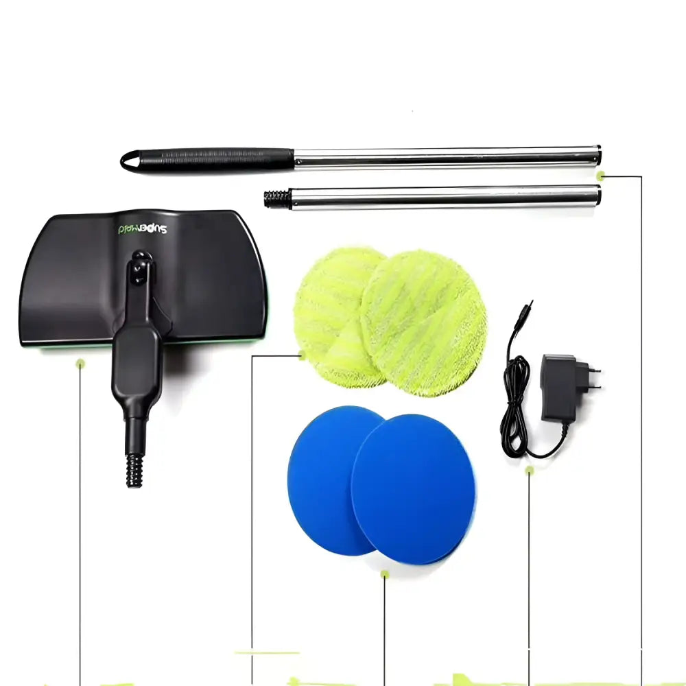 Black wireless intelligent electric mop with adjustable handle and interchangeable green and blue microfiber cleaning pads