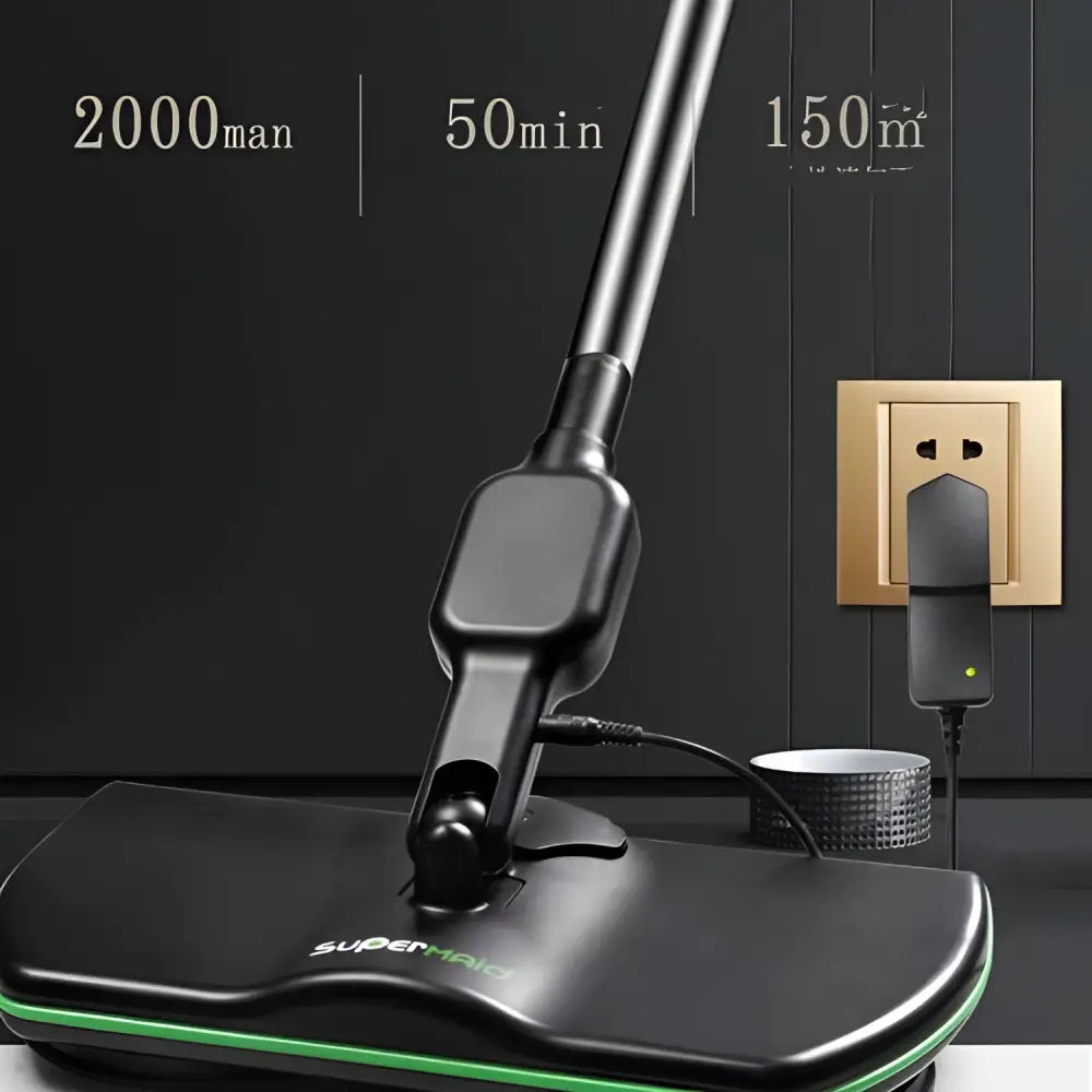 Black wireless intelligent electric mop with adjustable handle and interchangeable green and blue microfiber cleaning pads