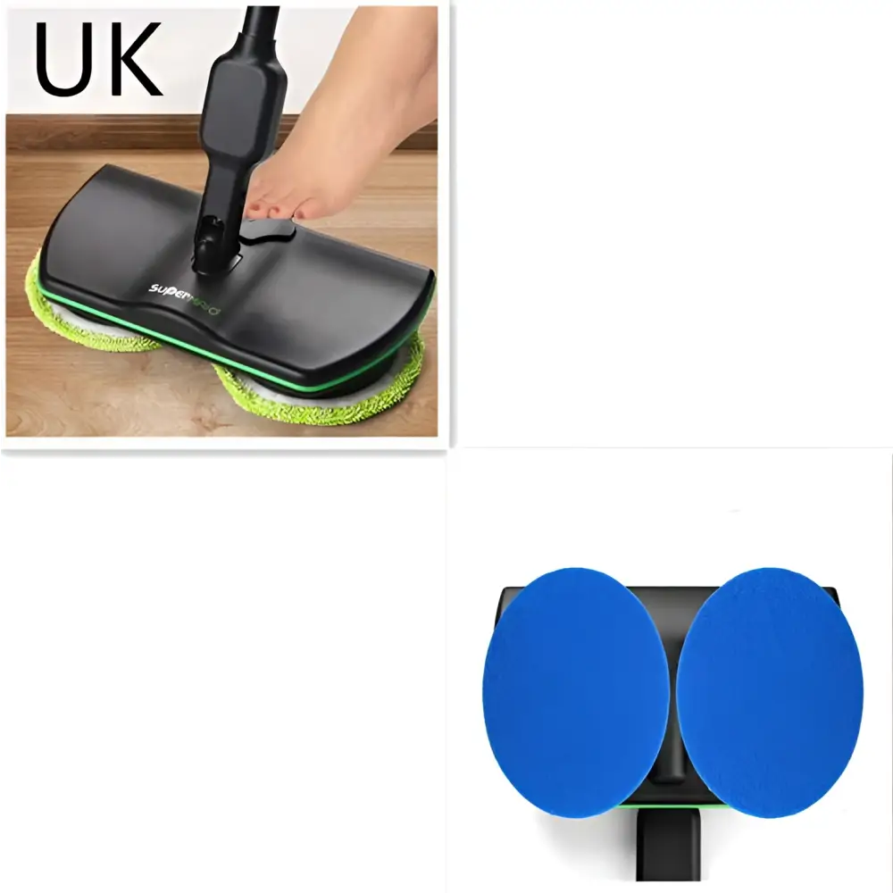 Wireless intelligent electric mop in black and green with two bright lime-green microfiber cleaning pads for portable floor cleaning