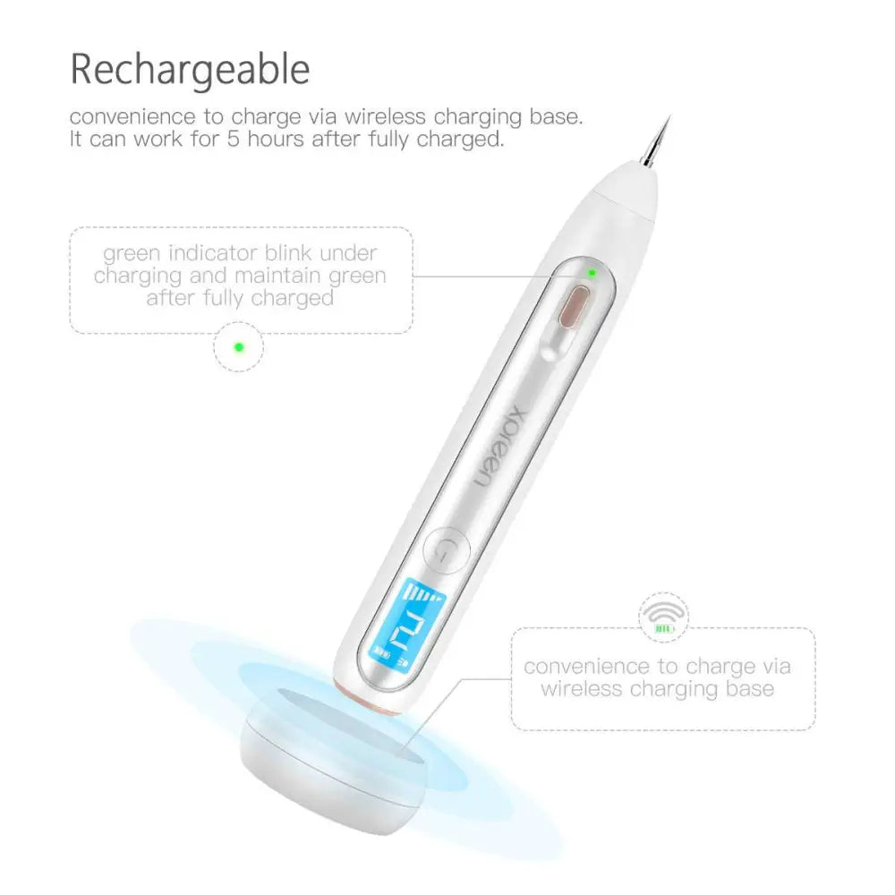 White and silver wireless microcurrent laser beauty instrument with ergonomic design and digital gear position display