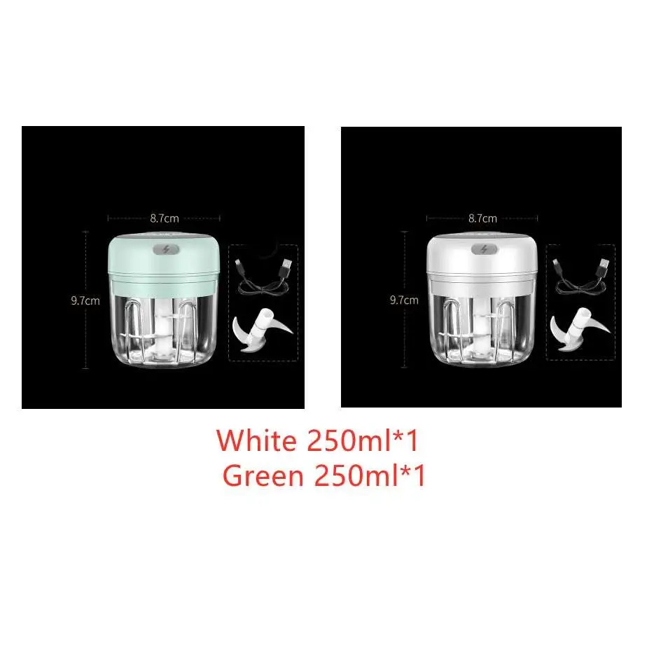 Compact 250ml wireless mini baby electric chopper in white and mint green with glass bowl and stainless steel blades