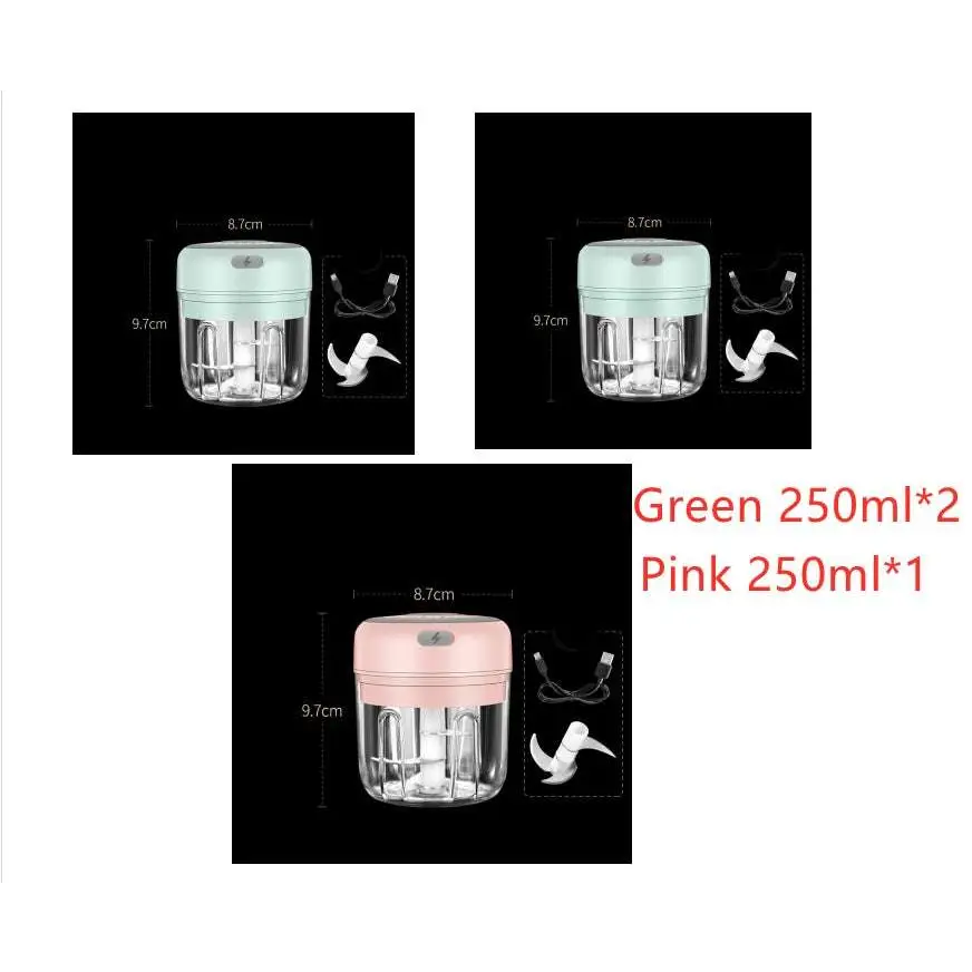Compact wireless mini baby electric chopper with a transparent body and mint green or pink lid for baby food supplement