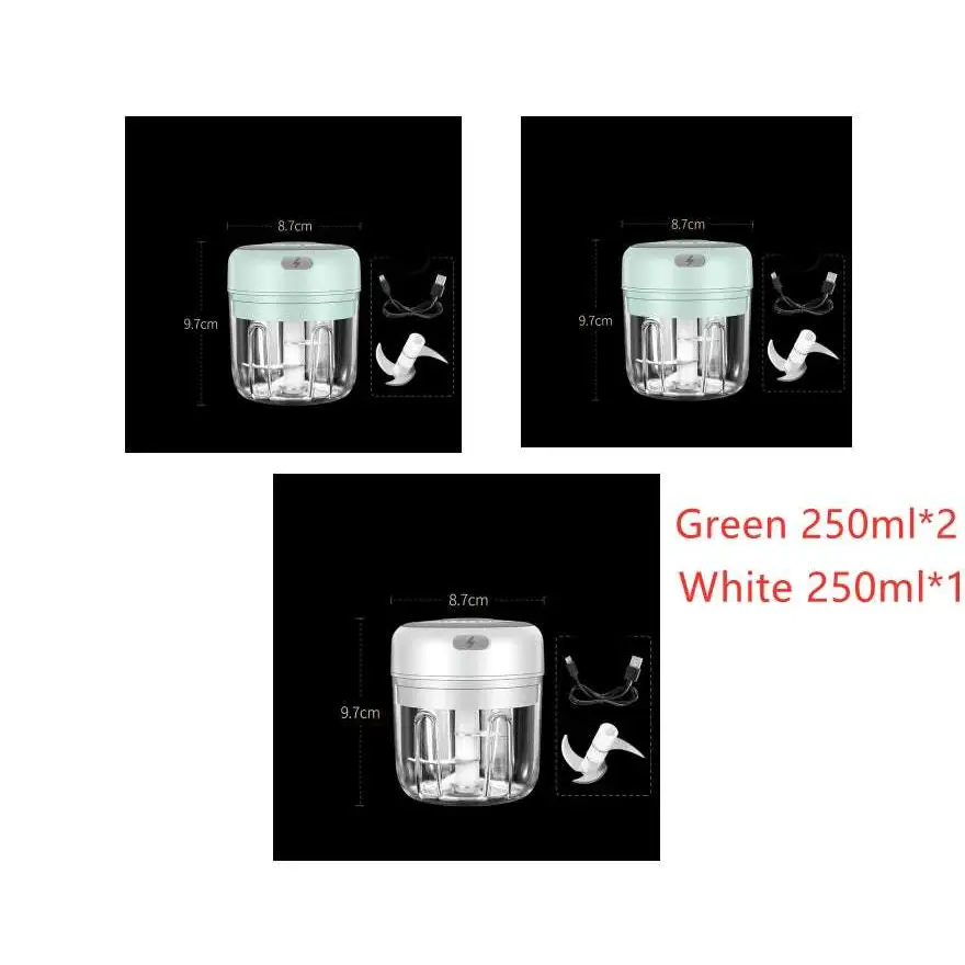 Compact wireless mini baby electric chopper with mint green plastic body and clear glass container for baby food supplement