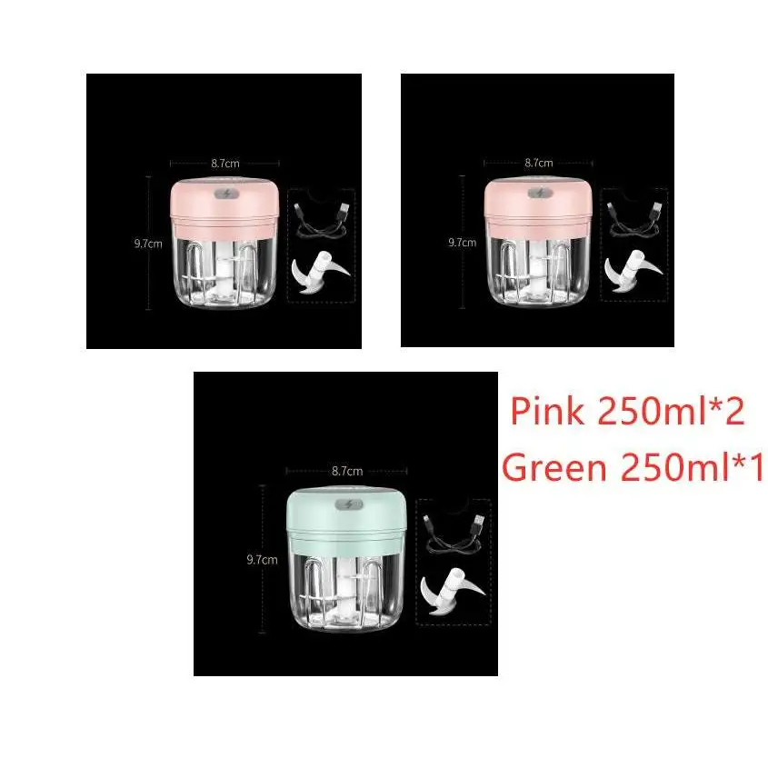 Wireless mini baby electric chopper in pink and green with glass jars stainless steel blades and usb charging cords