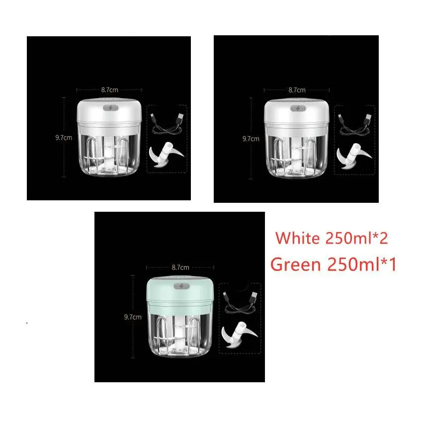 Wireless mini baby food supplement electric chopper in sleek white or mint green with stainless steel blades and transparent bowl