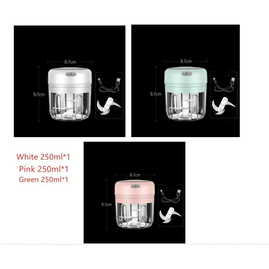Wireless mini baby 250ml electric chopper in white pink or green with glass bowl and stainless steel blades for food supplement