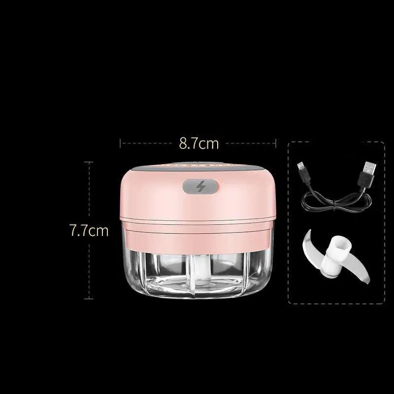 Wireless mini baby food supplement electric chopper in pink and clear with usb charging cable and white blade attachment