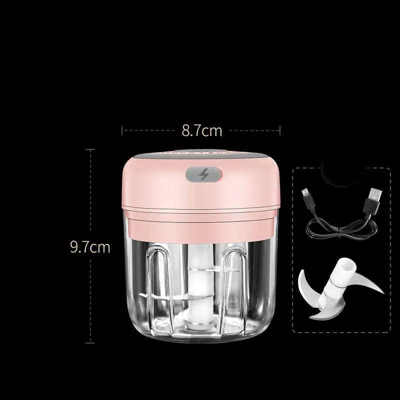 Wireless mini baby food supplement electric chopper with pink and clear plastic body and white blade assembly