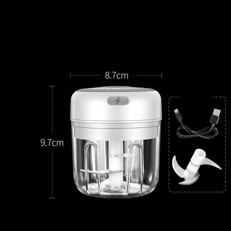 Wireless mini baby electric chopper with compact white usb power, clear glass container, and stainless steel blades for baby food supplement