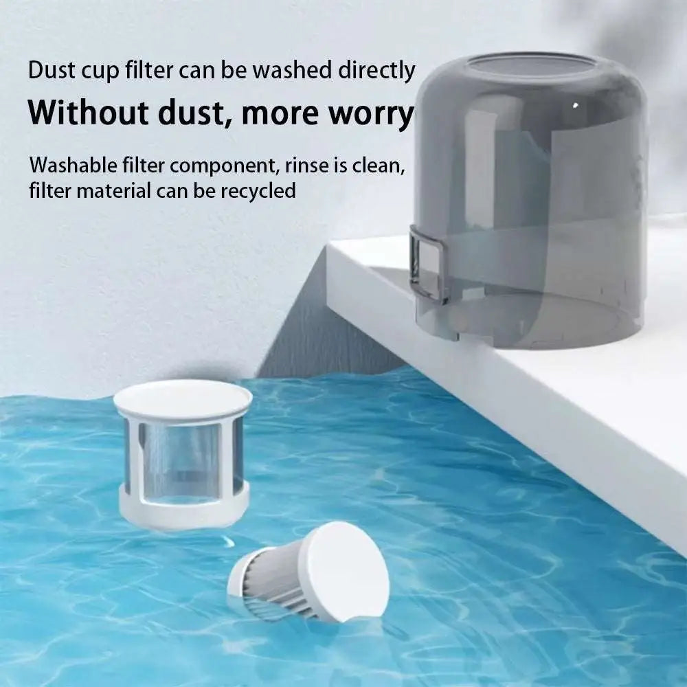 Gray translucent plastic dust cup filter with white base and mesh interior for wireless mite remover extended usage