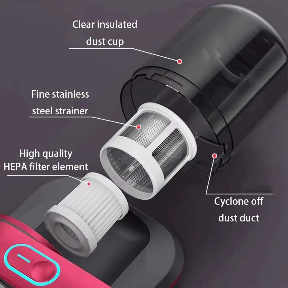 A sleek matte gray wireless mite remover with vibrant pink trim designed for extended usage and optimal performance