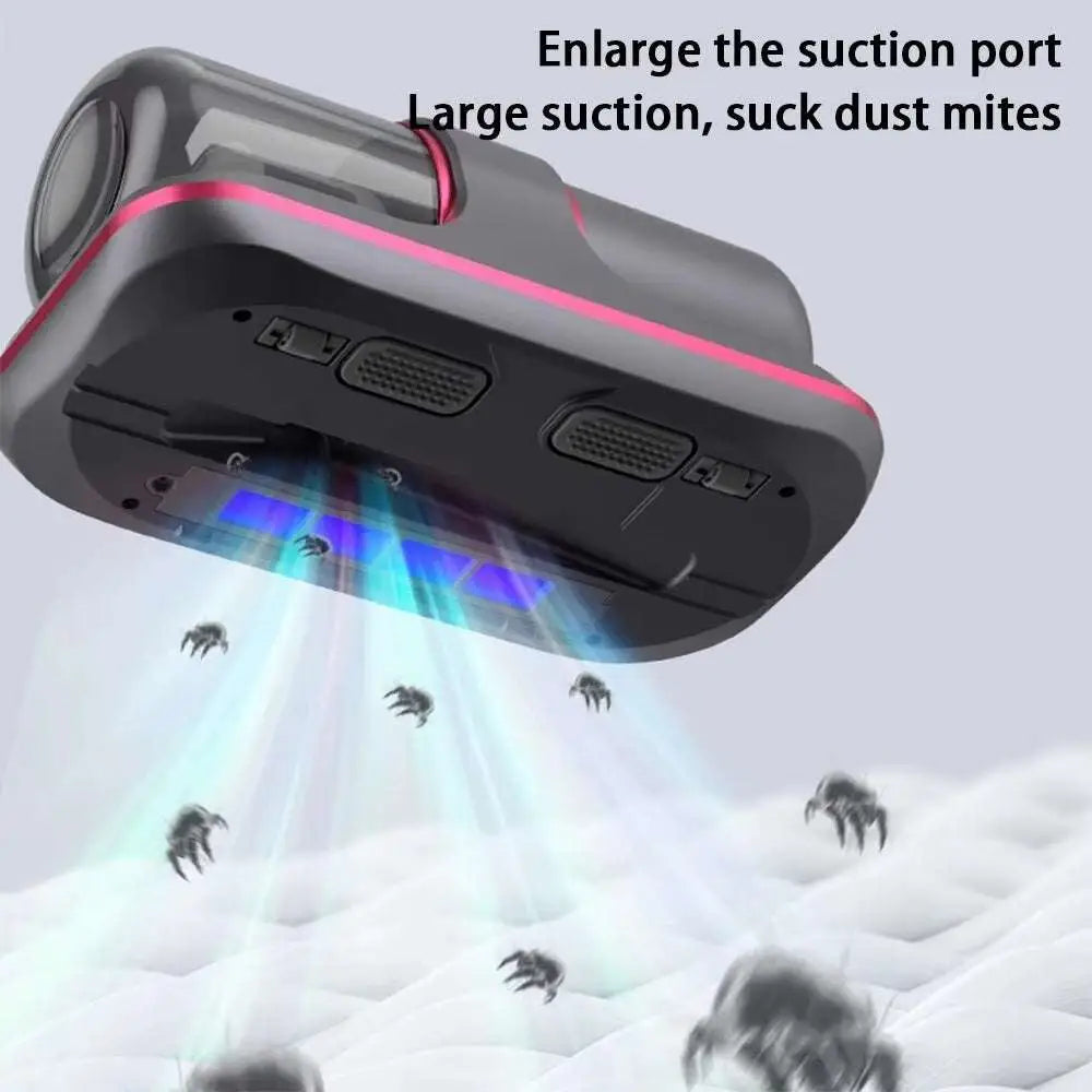Wireless mite remover handheld vacuum in black and pink with large suction port for optimal performance on bedding
