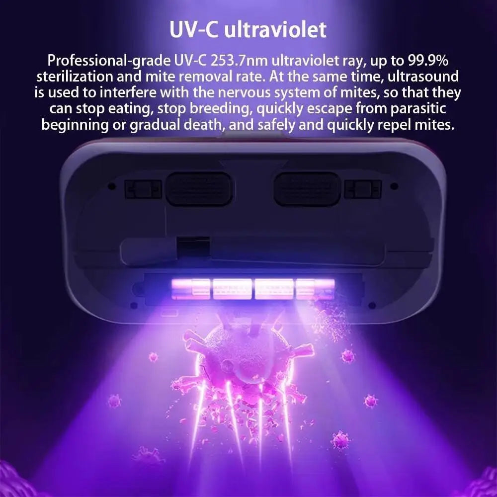 White plastic wireless mite remover with uv sterilization emitting purple light for optimal performance and extended usage