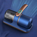 Blue and copper wireless mite remover handheld vacuum with transparent dust container for extended usage and optimal performance