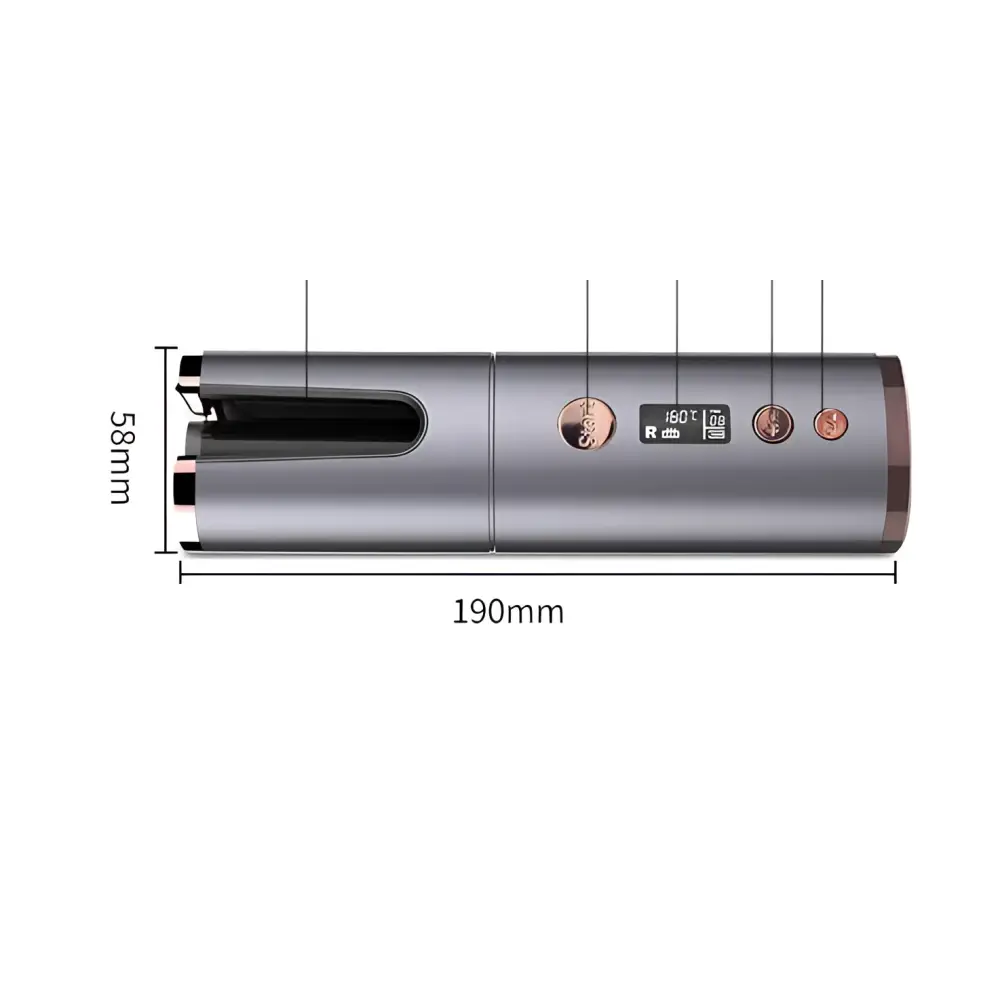 Rose gold wireless rechargeable curling iron with sleek cylindrical design and digital display for easy styling