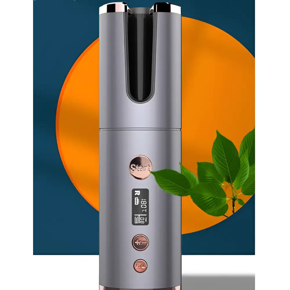Wireless rechargeable curling iron with silver cylindrical design, digital display, and rose gold accents for styling
