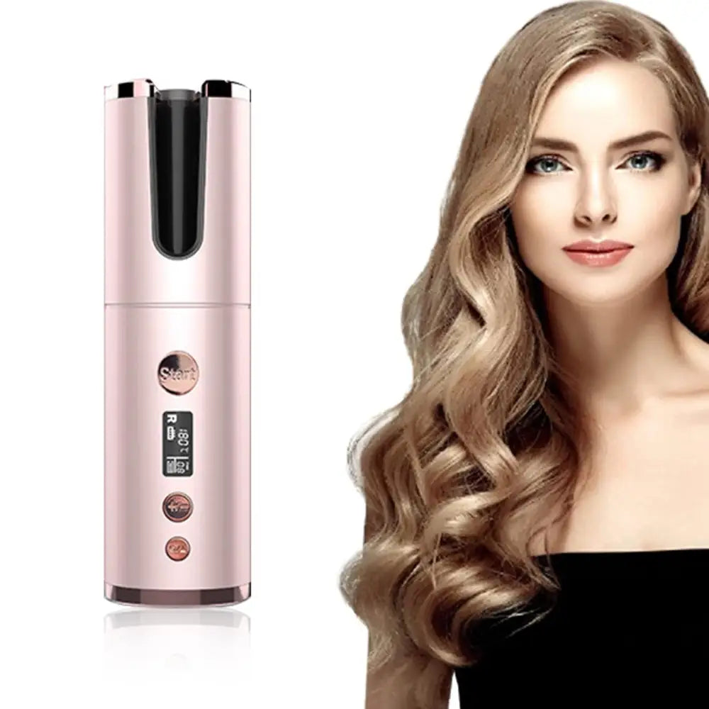 Rose gold wireless rechargeable curling iron with sleek cylindrical design and digital display for easy styling