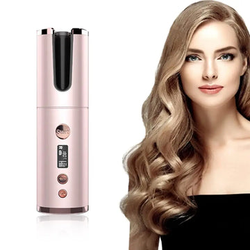 Rose gold wireless rechargeable curling iron with sleek cylindrical design and digital display for easy styling