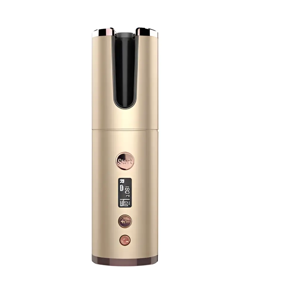 Gold-colored wireless rechargeable curling iron with cylindrical design, metallic finish, and digital display for styling