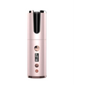 Rose gold wireless rechargeable curling iron with cylindrical design digital display and control buttons for styling