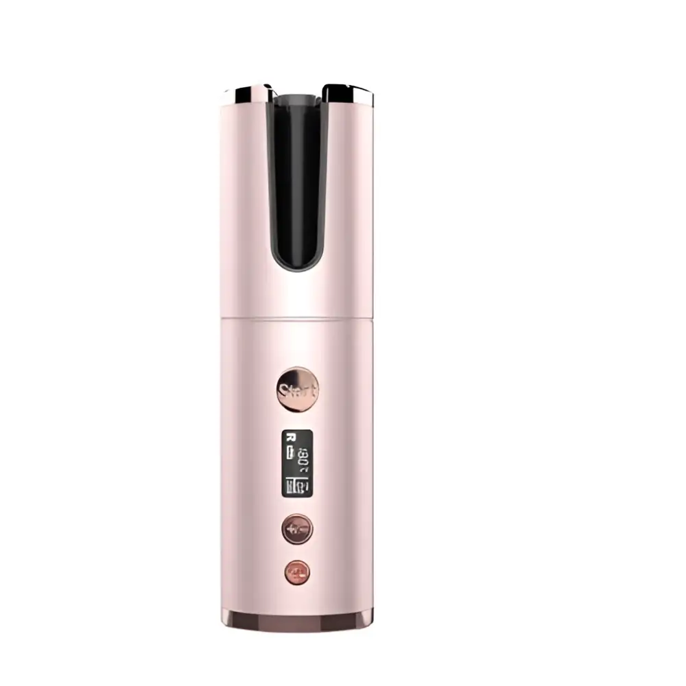 Rose gold wireless rechargeable curling iron with cylindrical design digital display and control buttons for styling