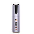 A sleek lavender wireless rechargeable curling iron with digital display and rose gold accents in cylindrical design