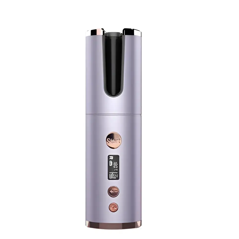 A sleek lavender wireless rechargeable curling iron with digital display and rose gold accents in cylindrical design