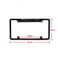 Black wireless smartphone car license plate frame with integrated american frame camera and red led lights back side view