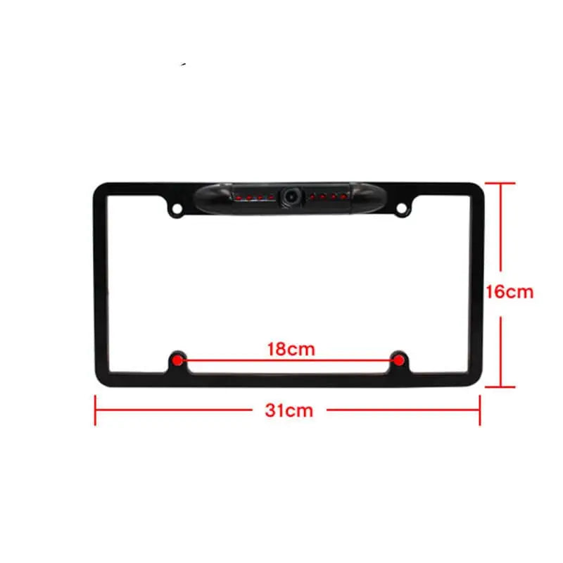 Black wireless smartphone car license plate frame with integrated american frame camera and red led lights back side view