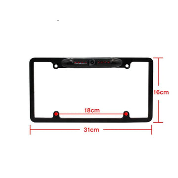 Black wireless smartphone car license plate frame with integrated american frame camera and red led lights back side view
