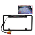 Black wireless smartphone car license plate frame with integrated american frame camera and led lights shown from back