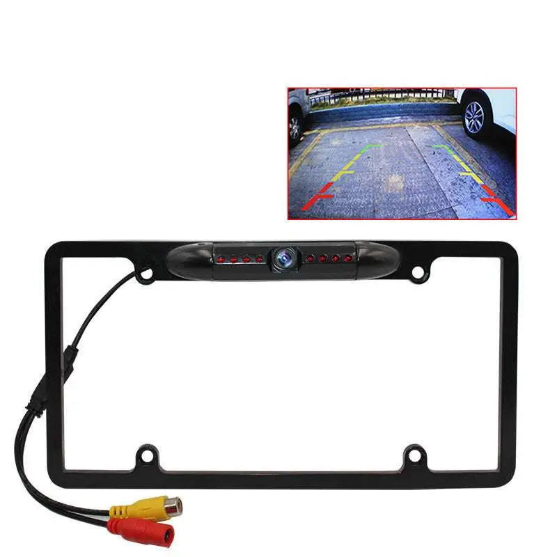 Black wireless smartphone car license plate frame with integrated american frame camera and led lights shown from back