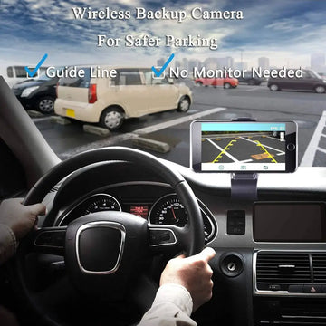 Wireless smartphone car american frame camera mounted on smartphone showing real-time parking guidance with guide lines