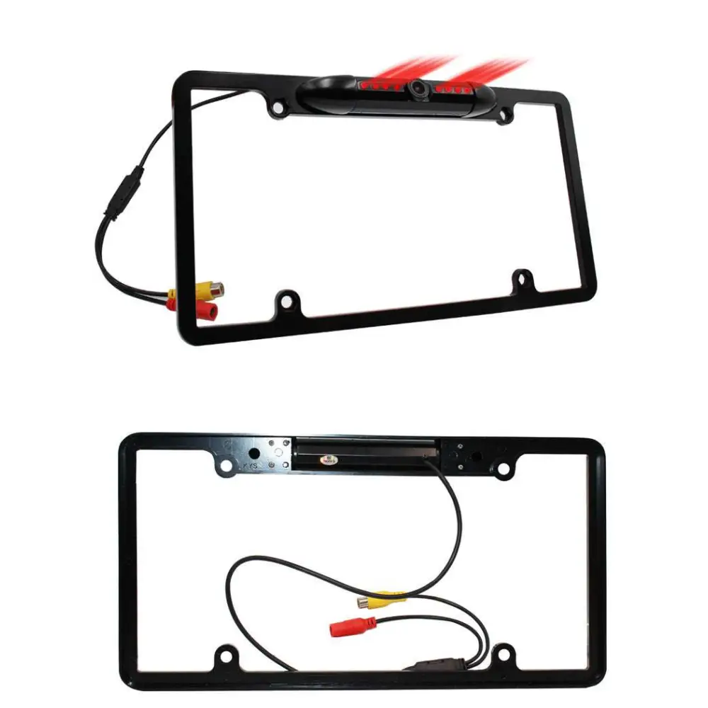 Black wireless smartphone car license plate frame with integrated american frame camera and red led lights back side view