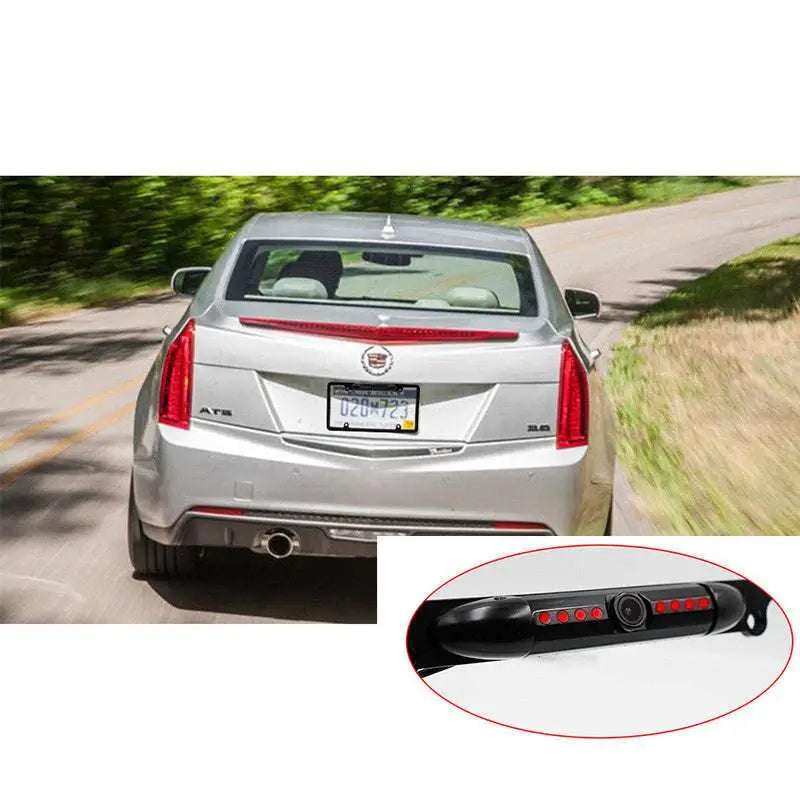 Black wireless smartphone car american frame camera with red led lights and circular lens for license plate backup systems