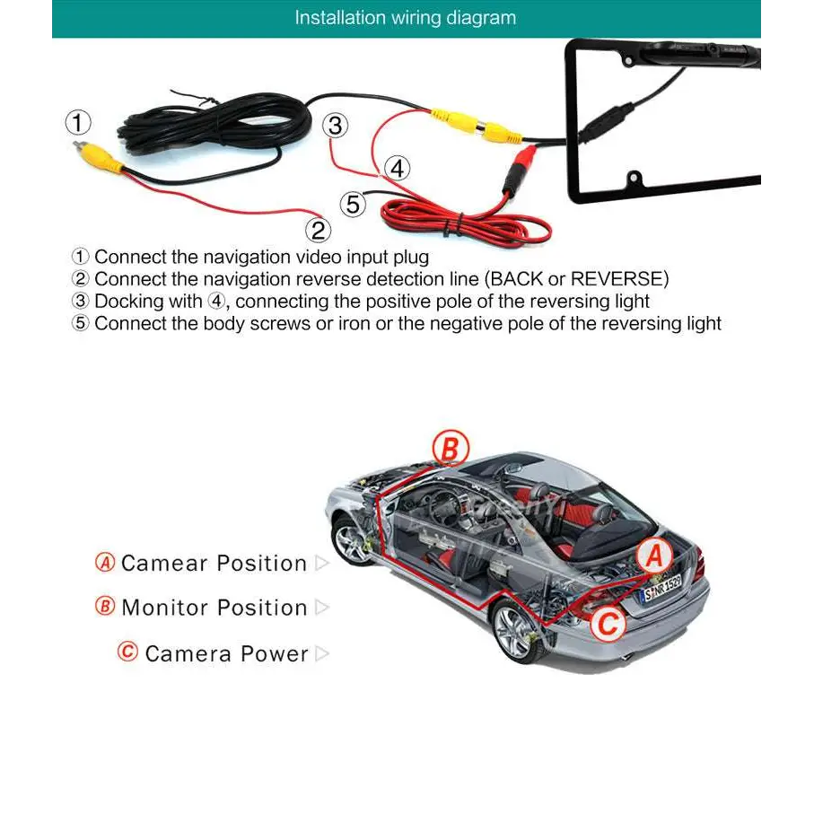 Black wireless smartphone car rearview camera with yellow and red wiring connectors for american frame license plate installation