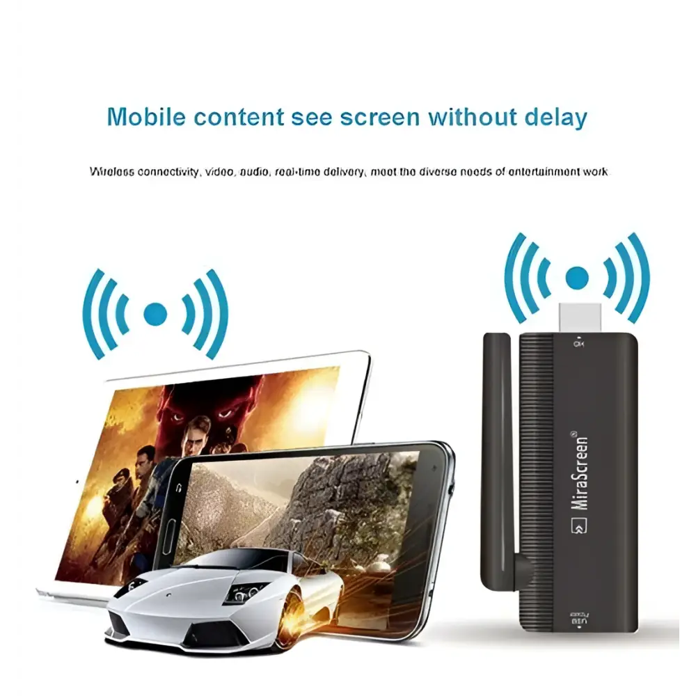 Black mirascreen wireless stick hdmi dongle with textured body and external antenna for android phone and ios phone wifi display receiver