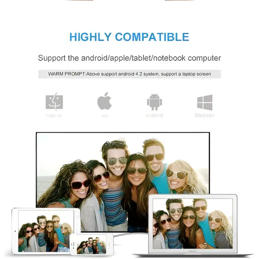 A sleek silver wireless stick hdmi dongle displaying a vibrant group photo on laptop screen for android and ios phone