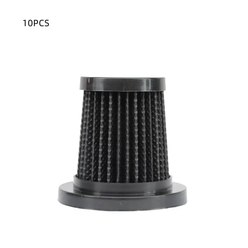 Black cylindrical air filter with ribbed pleated design and plastic end caps for wireless uv mite removal vacuum cleaner