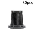 Black cylindrical air filter with pleated mesh and plastic end caps for wireless uv mite removal vacuum with transparent dust collection
