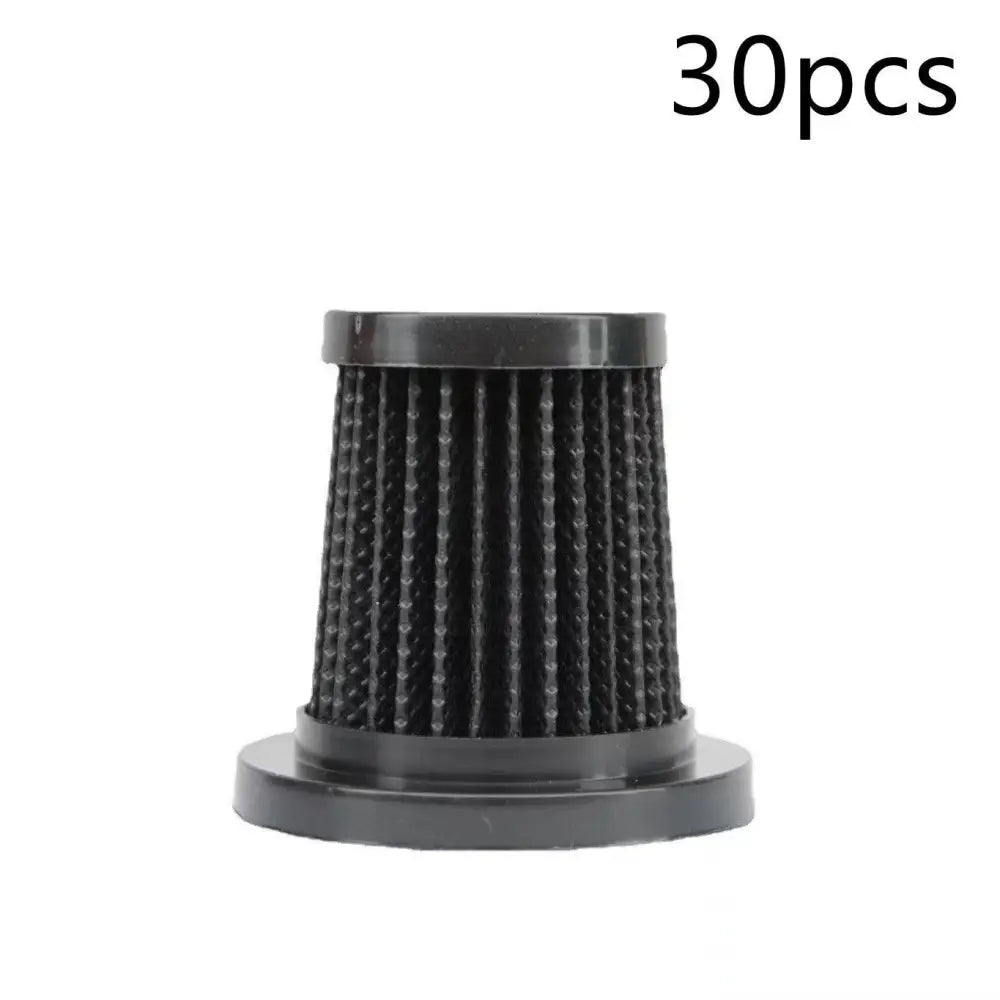 Black cylindrical air filter with pleated mesh and plastic end caps for wireless uv mite removal vacuum with transparent dust collection