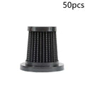 Black cylindrical air filter with ribbed mesh body and plastic end caps for wireless uv mite removal vacuum cleaner