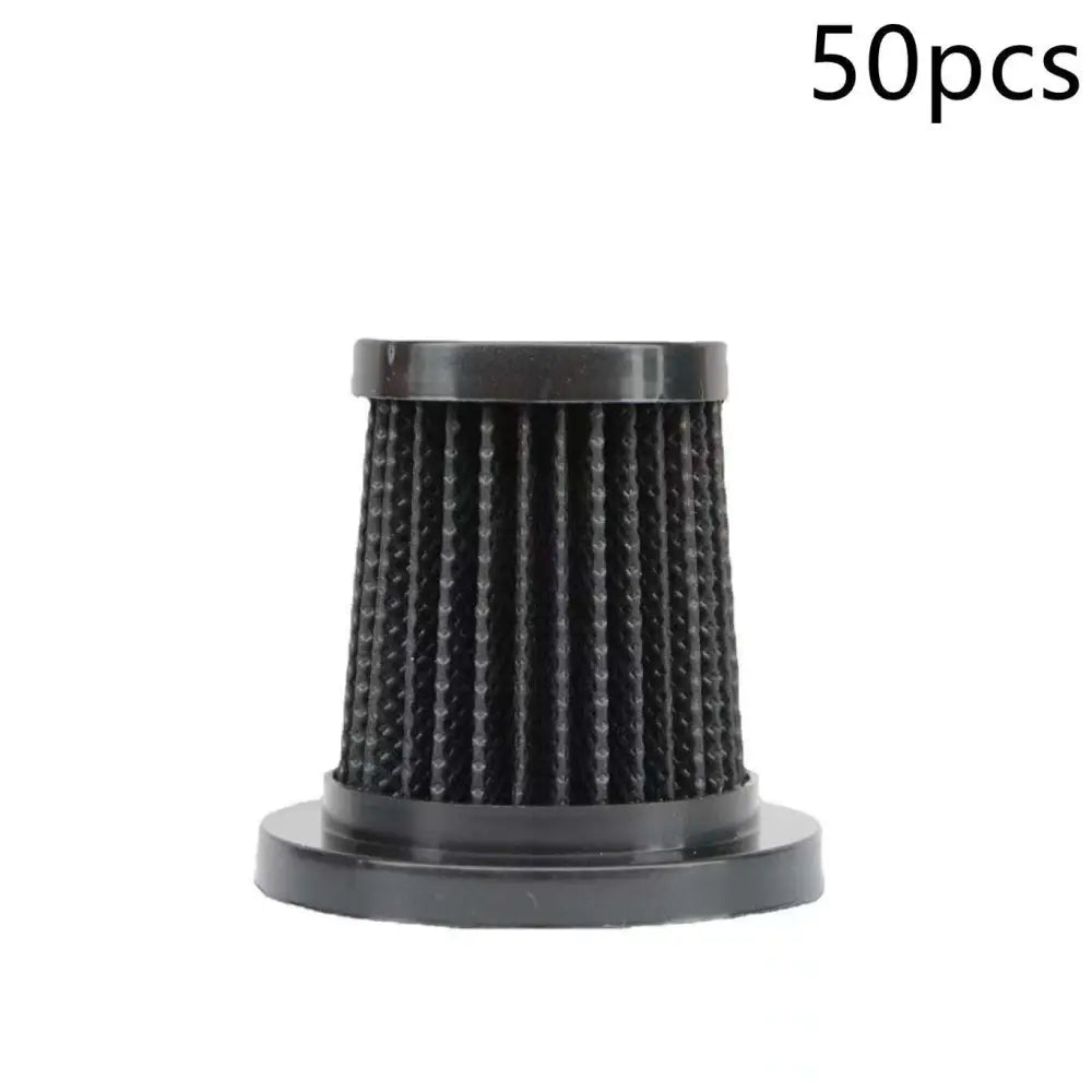 Black cylindrical air filter with ribbed mesh body and plastic end caps for wireless uv mite removal vacuum cleaner
